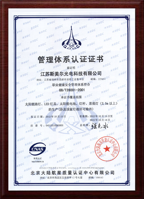 職業(yè)健康安全管理體系認證證書(shū)